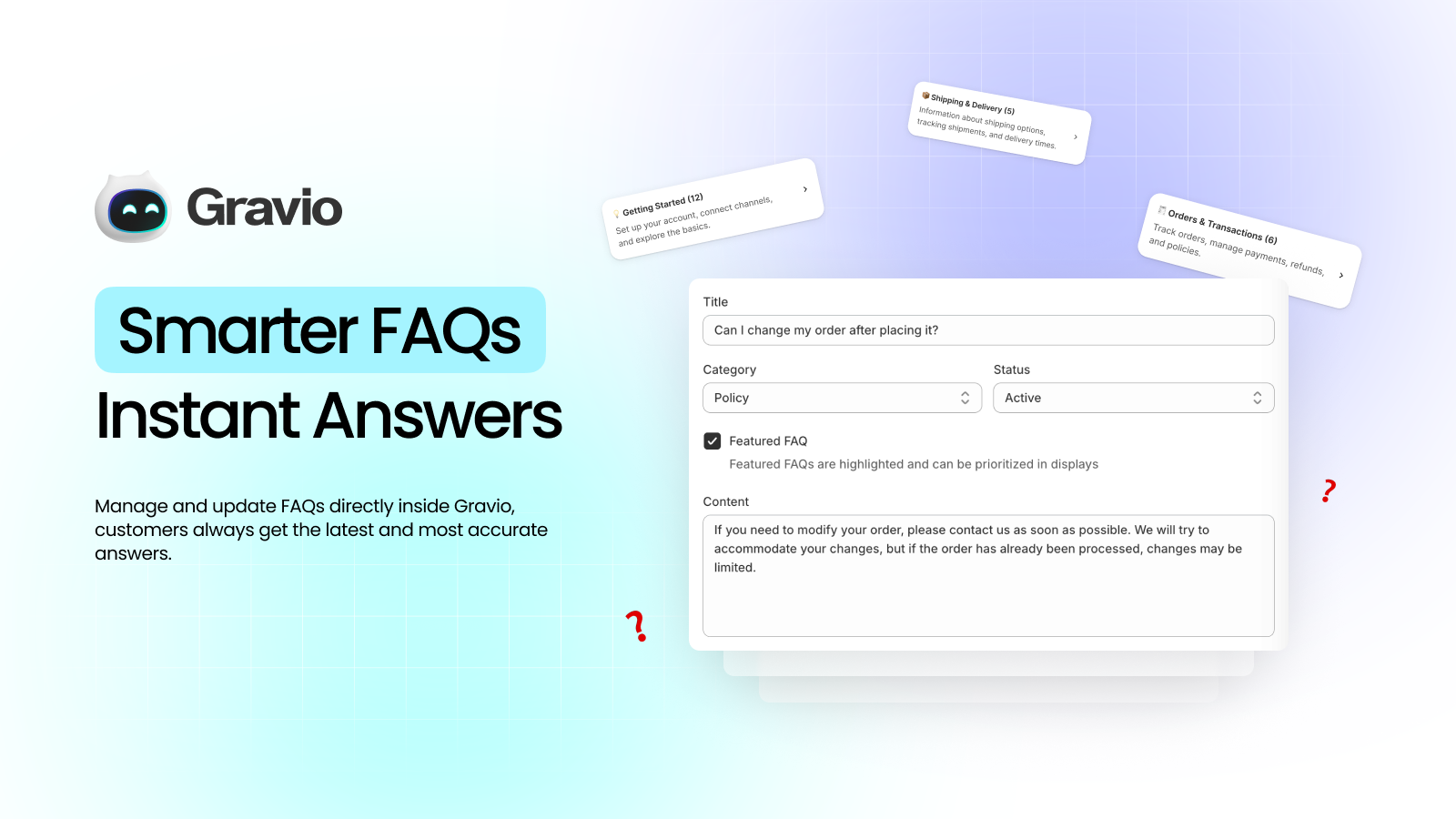 FAQ management interface showing question categories and content editing