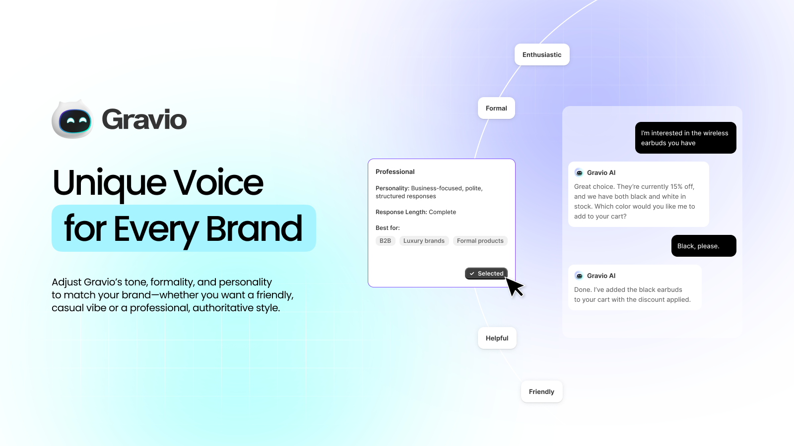 Brand voice customization interface showing different personality options
